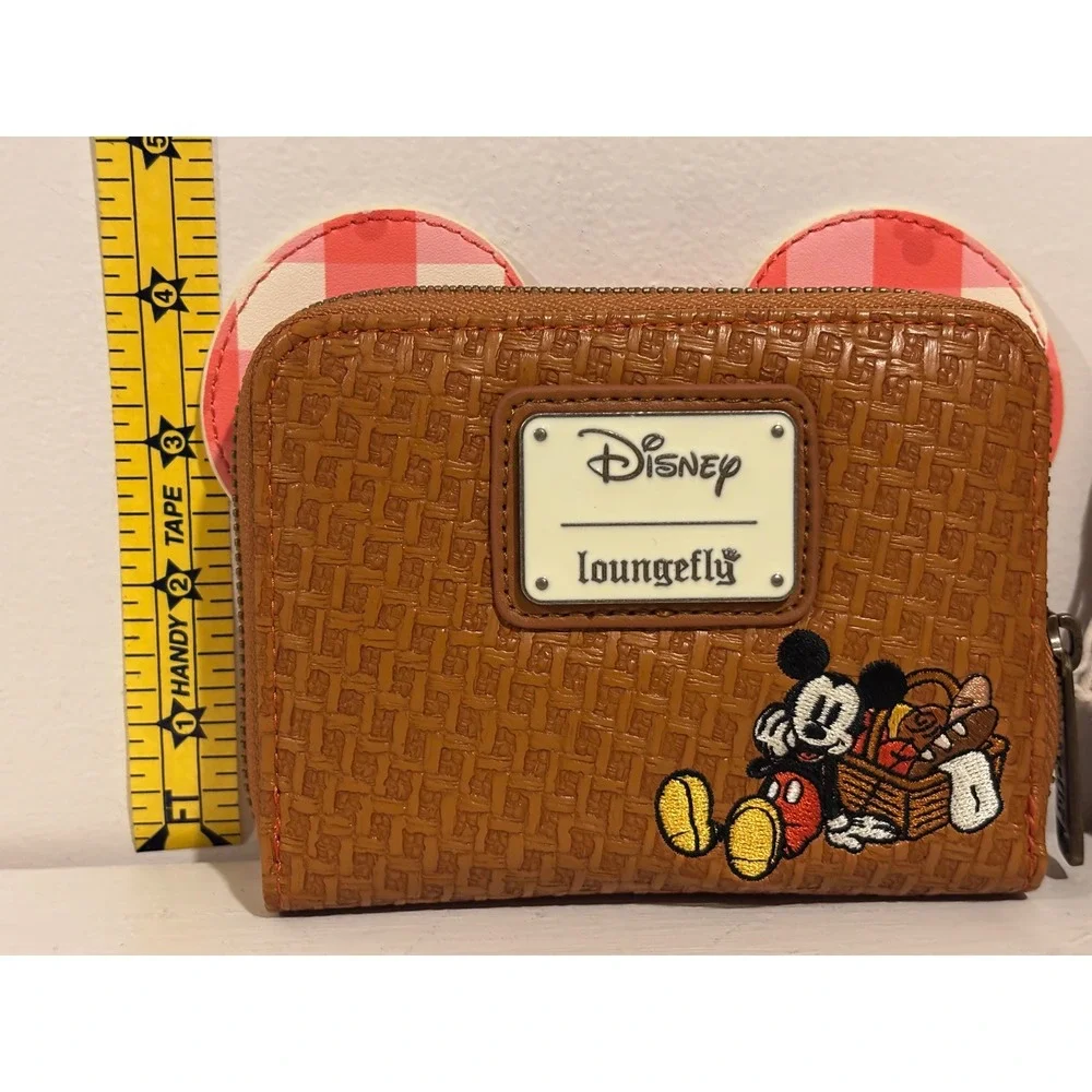 Loungefly Disney Mickey Mouse Picnic Card zip Wallet Brown Pink Gingham NWT